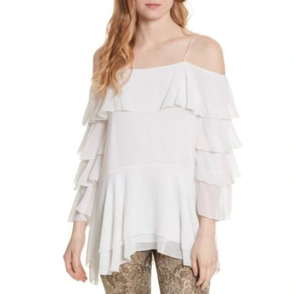 NWOT Alice + Olivia $350 Lexia Lyrd 100% Silk Ruffle Tiered Chiffon Blouse Top M